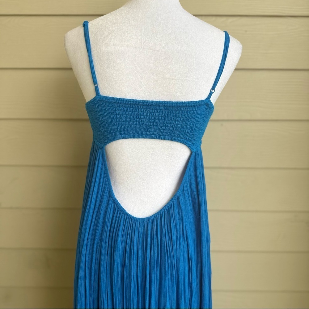 Free People XS Blue Maxi Dress Boho Tie Front Open Back Smocked Bodice - Picture 5 of 10